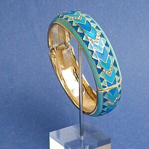 Arrow Pattern Rosco Medium Blue Enamel Bangle Cuff Hinge Rhinestone Bracelet